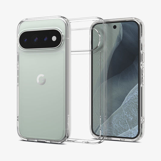 ACS11450 - Pixel 11 Pro XL Ultra Hybrid Crystal Clear front and back views of the crystal clear case showing a slim design and raised camera surround.