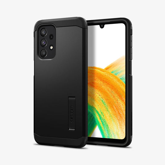 ACS04319 - Galaxy A33 5G Case Tough Armor in Black showing the back, next to it, another device showing front