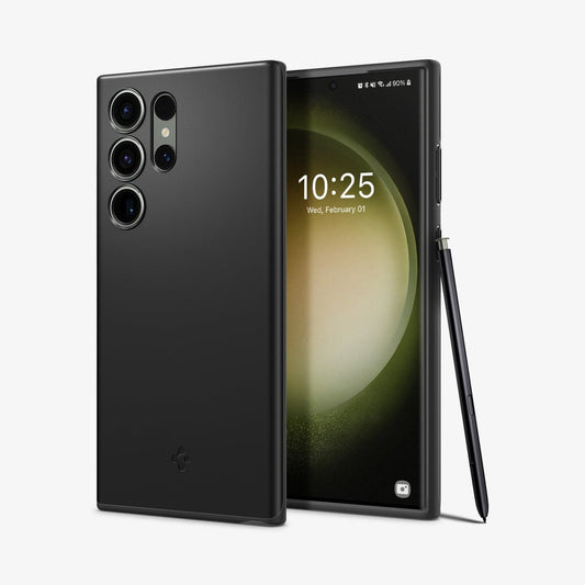 ACS05609 - Galaxy S23 Ultra Case Thin Fit in black showing the back and front with s pen leaning against device