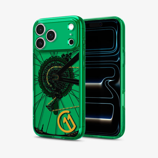 ACS11650 - Spigen Cadence C11 green iPhone 17 Pro Max case showing back and front view with lock screen visible