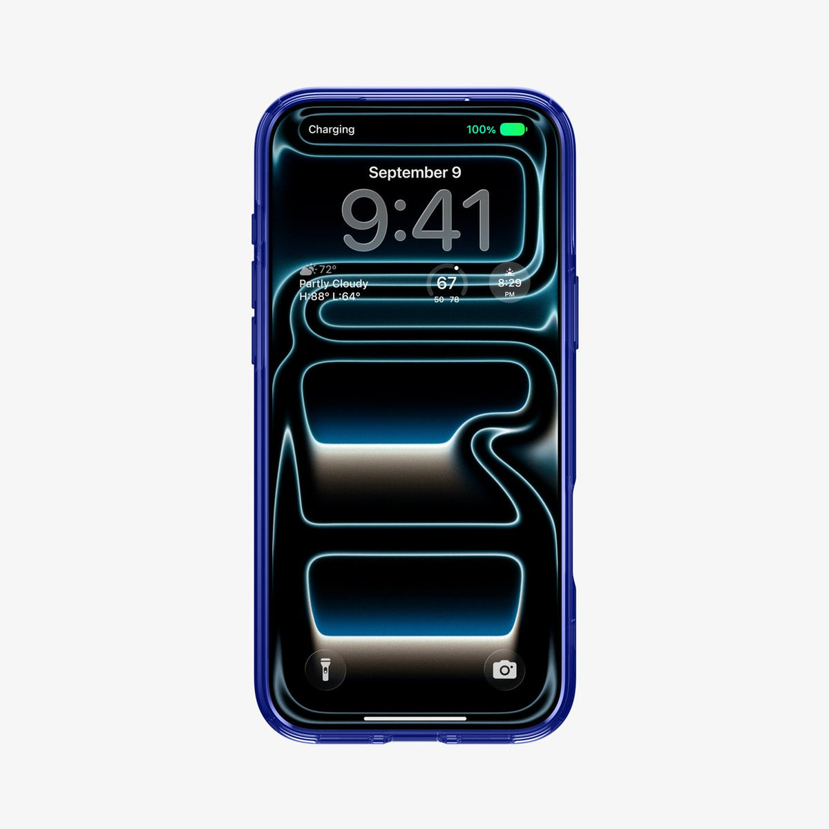 ACS12204 - Front view of an iPhone in the Spigen C11 Velocity case, showing the lock screen with time, weather, and battery percentage