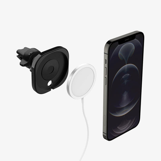 ACP02791 - MagFit Car Mount (MagFit) in black showing a device, magsafe charger and mount