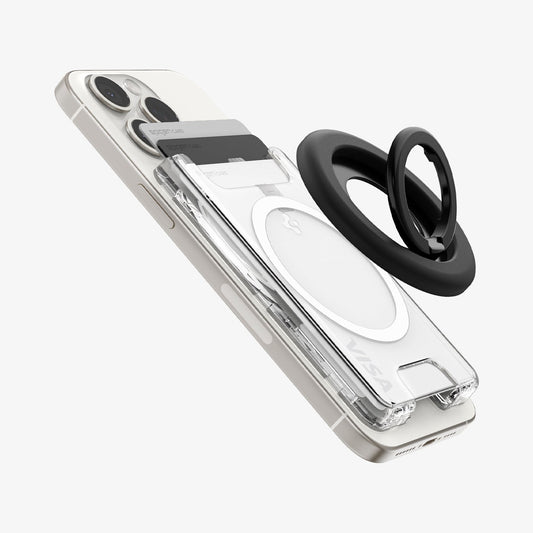 AFA08888 - Ultra Hybrid MagFit+ Wallet (MagFit) in Crystal Clear showing the mag-ring hovering above the back of the wallet case attached to a device