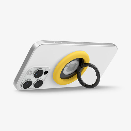 AMP09027 - MagSafe Phone Holder Nano Pop (MagFit) in Mango Yellow showing the front of the phone holder, ring propped up as a stand attached to the back of the device