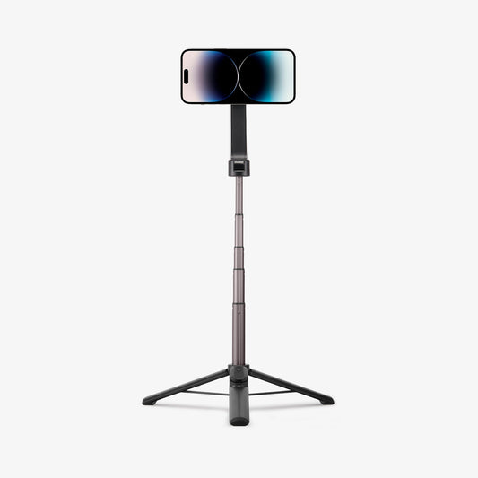 AMP06402 - Tripod Selfie Stick (MagFit) in Black showing the front of the device, attached to a selfie stick, extended with a stand