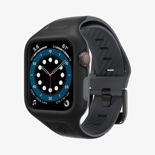 AMP02007 - Apple Watch Series (44mm) Case Liquid Air Pro in black showing the front and partial inside of band