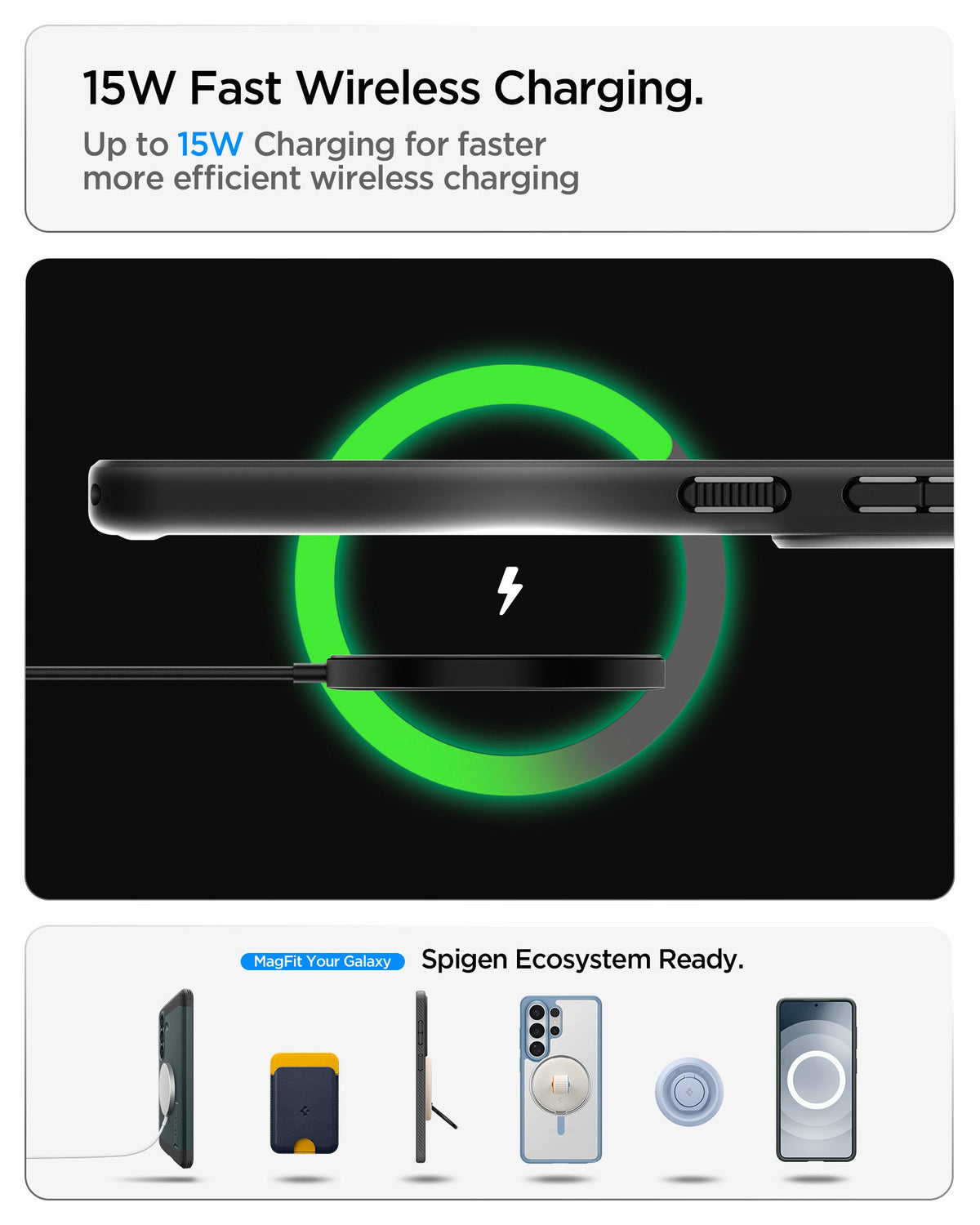 ACS11167 - Showing the 15W fast wireless charging. Up to 15W charging for faster more efficient wireless charging.