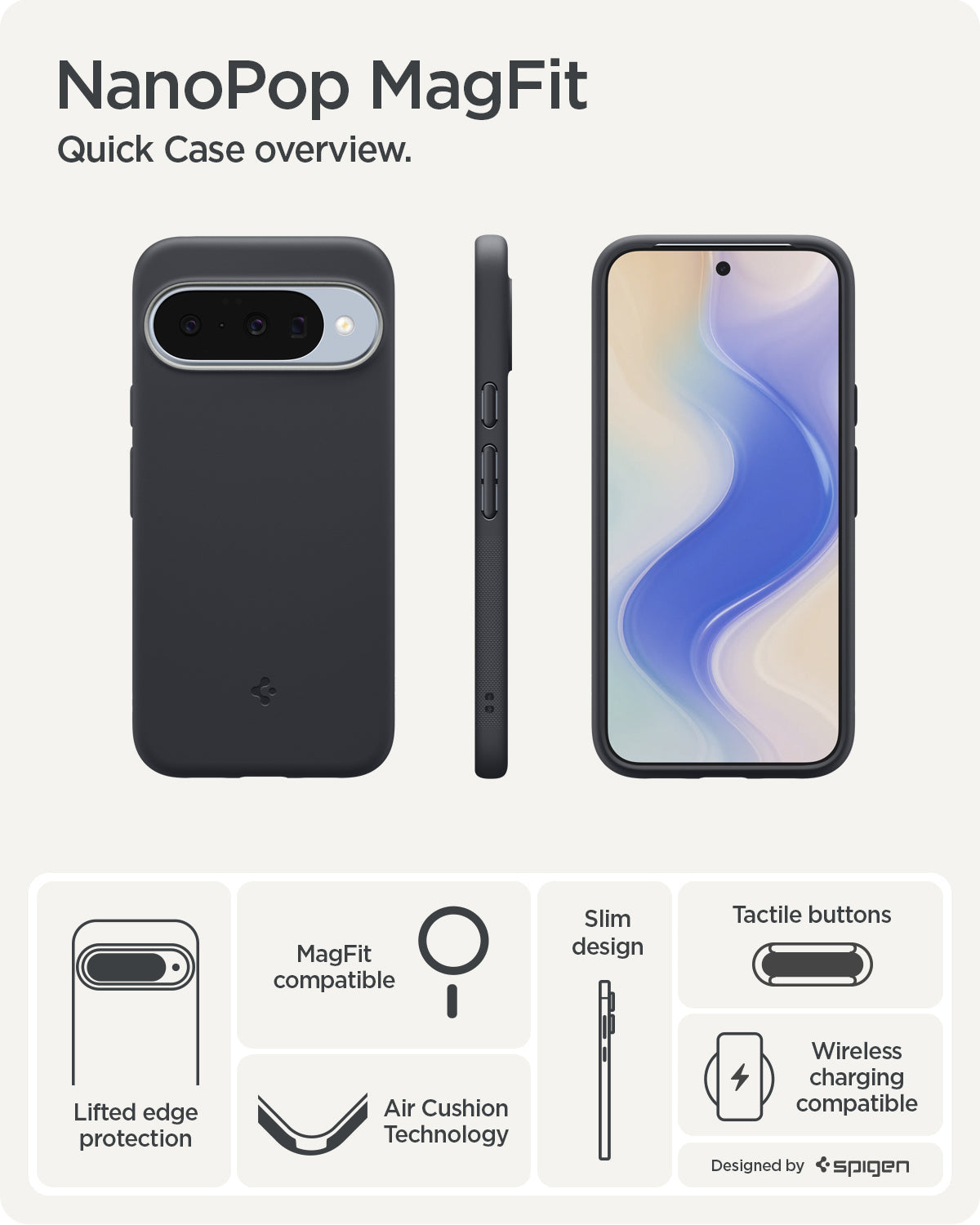 ACS09713 - Pixel 10 Pixel 10 Pro Case Nano Pop (MagFit) in Black Sesame showing the quick case overview. Lifted edge protection, MagFit compatible, AirCushion technology, slim design, tactile buttons and wireless charging compatible.
