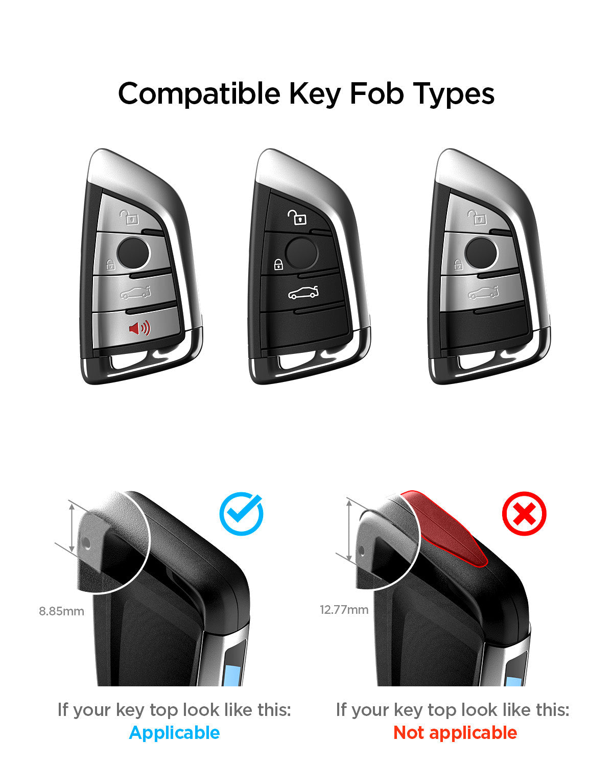 ACS10425 - BMW Key Fob Cover | BK100 in Matte Black showing a compatibility chart of various key fob types and a comparison of top-edge dimensions, specifically highlighting the 8.85mm size as applicable and the 12.77mm size as not applicable.