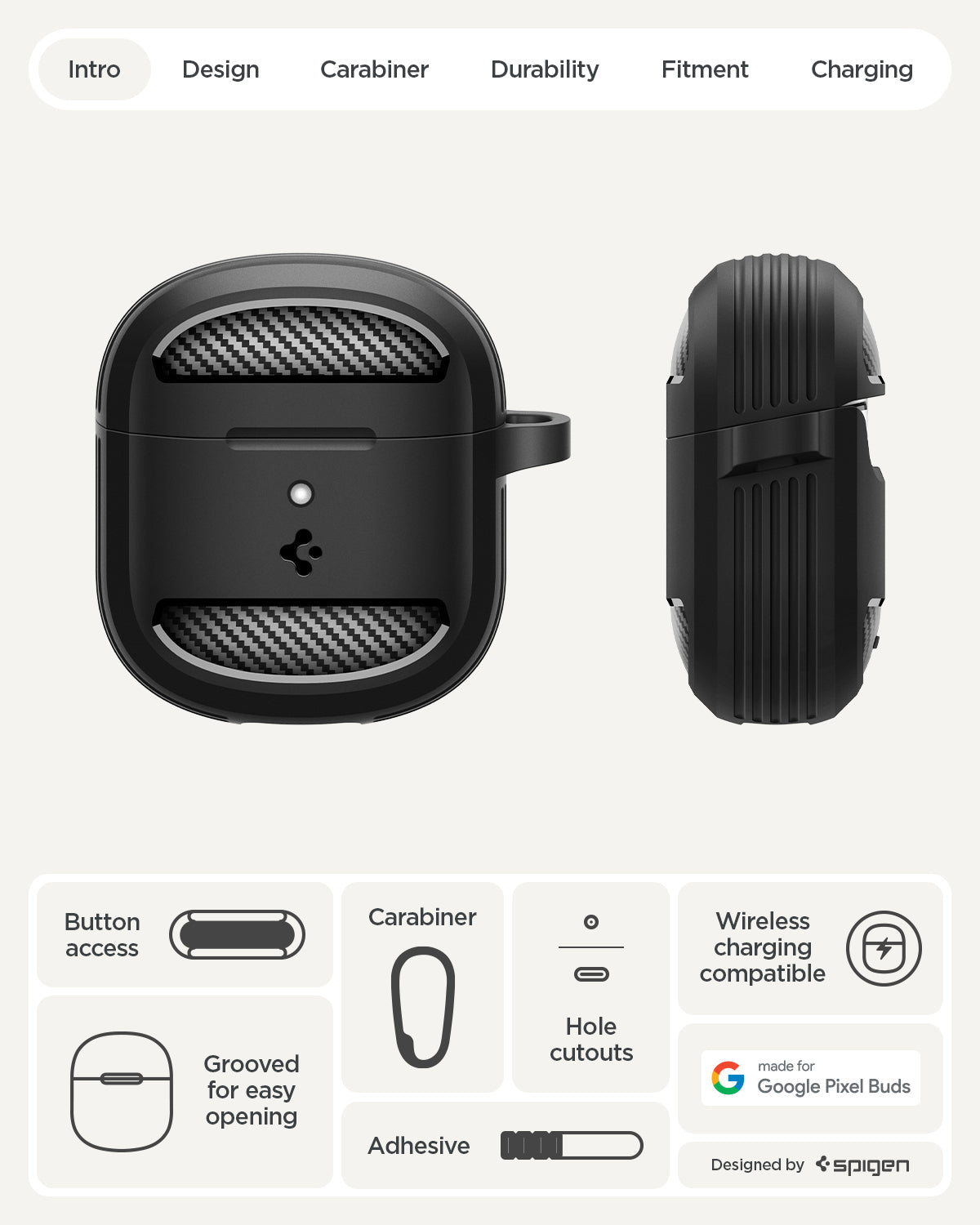 ACS09480 - Pixel Buds 2a Case Rugged Armor in black showing the case overview. Button access, grooved for easy opening, carabiner, adhesive, hole cutouts, and wireless charging compatible