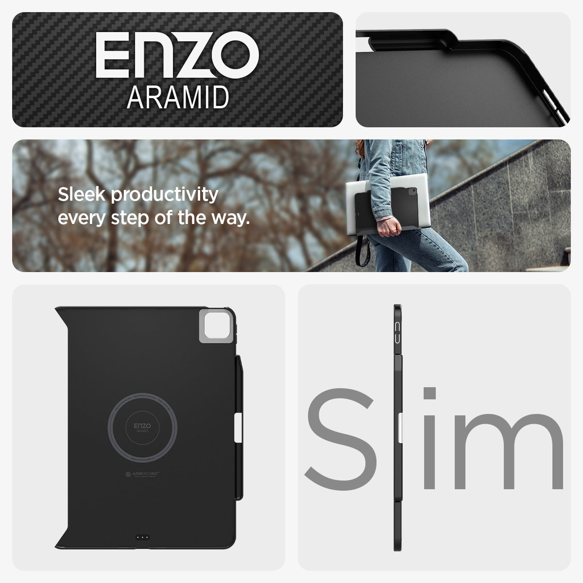 ACS07757 - iPad Air 11-inch (2024) Case Enzo Aramid in Black showing the sleek productivity of enzo aramid in every step of the way