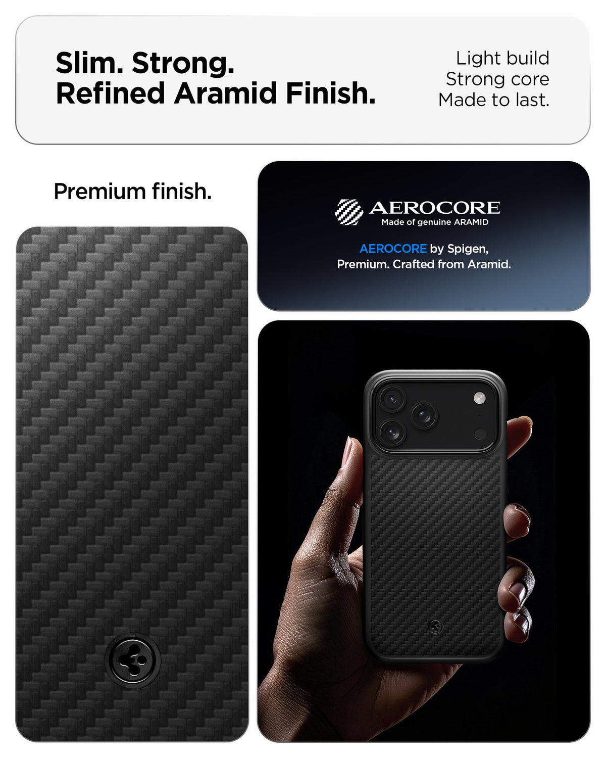 ACS09959 - iPhone 18 Pro / iPhone 17 Pro Enzo Aramid T (Mag Fit) Black Black showing a lightweight aramid fiber construction with a refined woven finish and slim profile
