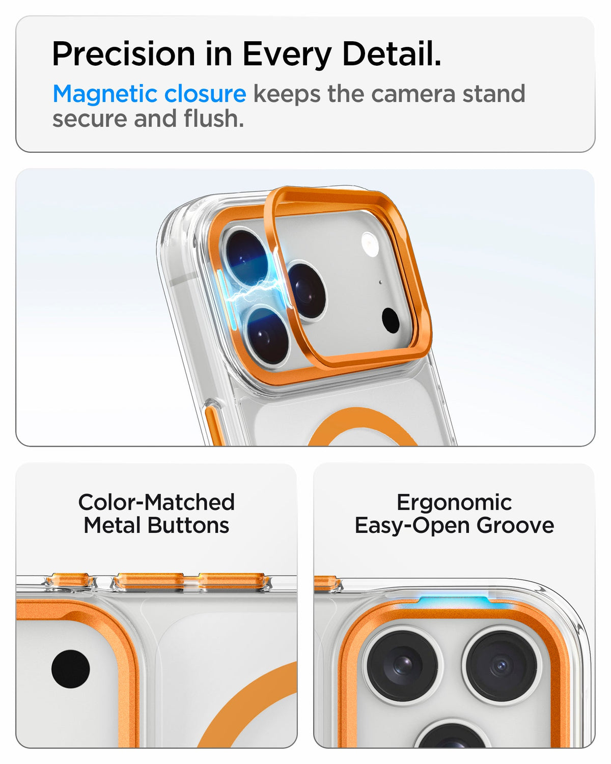 ACS11923 - iPhone 18 Pro / iPhone 17 Pro Ultra Hybrid Optik S (Mag Fit) Clear Orange showing a magnetic camera ring closure, metal buttons, and an easy-open groove