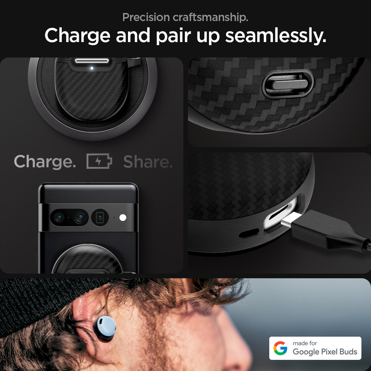 ACS07649 - Pixel Buds Pro 2 Case Enzo Aramid in Matte Black showing the precision craftsmanship. Charge and pair up seamlessly