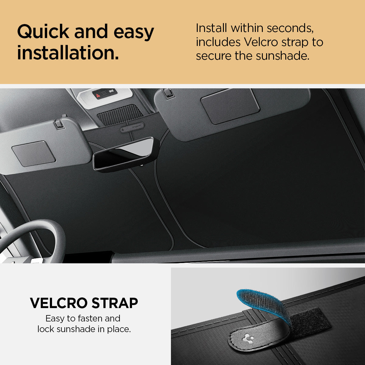 ACP09093 - R1S (2022-2025) Rivian CryoShade RO260 in Black showing the quick and easy installation. Install within seconds, includes Velcro strap to secure the sunshade. Easy to fasten and lock sunshade in place