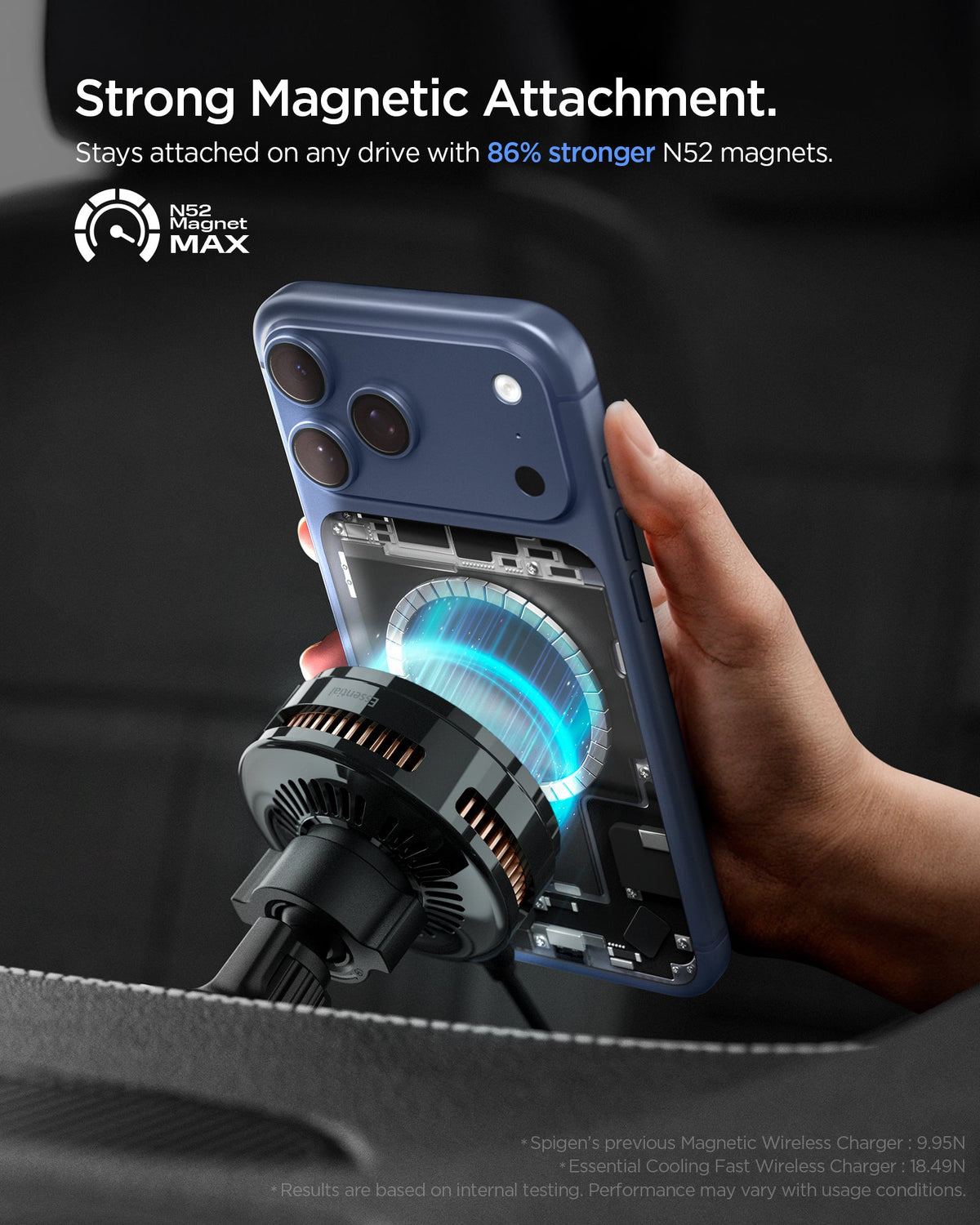 ACP10511 - Spigen Essential Qi2.2 Hook Car Mount (Mag Fit) showing the strong magnetic attachment feature