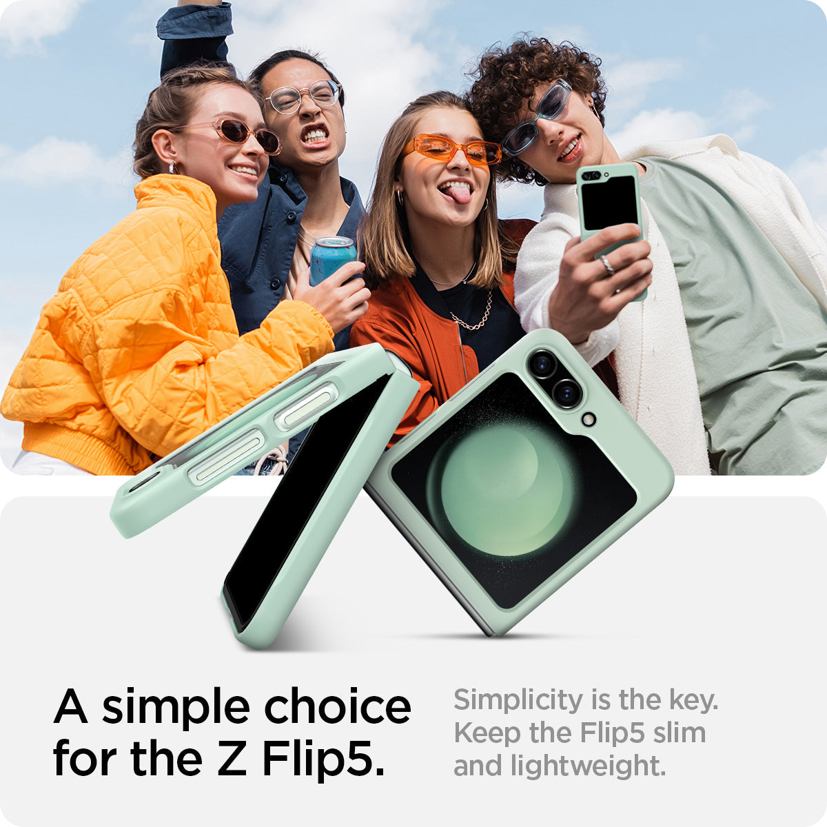 ACS06871 - Galaxy Z Flip 5 Case Air Skin in apple mint showing the simple choice for the Z Flip 5. Simplicity is the key. Keep the Flip 5 slim and lightweight