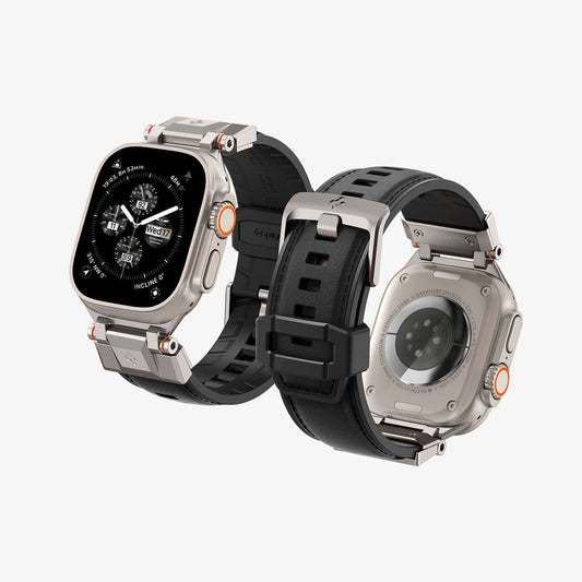 AMP07591 - Apple Watch (49mm) DuraPro Armor PU in Black showing the front, back, partial sides and inner of the strap