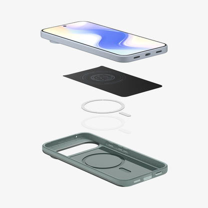ACS09701 - Pixel 10, Pixel 10 Pro Thin Fit (MagFit) in Sage Green showing the multiple layers of case hovering below device