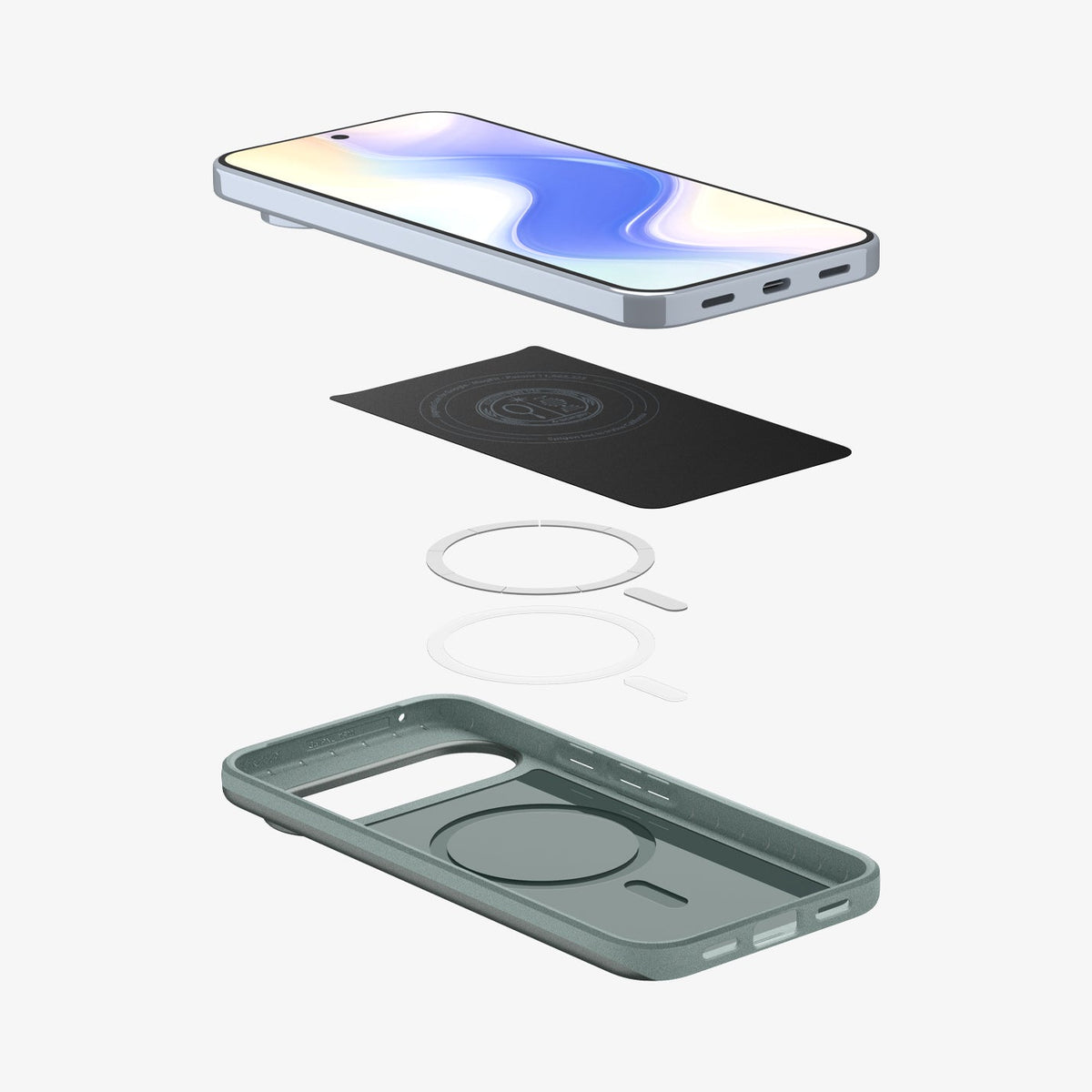 ACS09724 - Pixel 10 Pro XL Thin Fit (MagFit) in Sage Green showing the multiple layers of case hovering below device