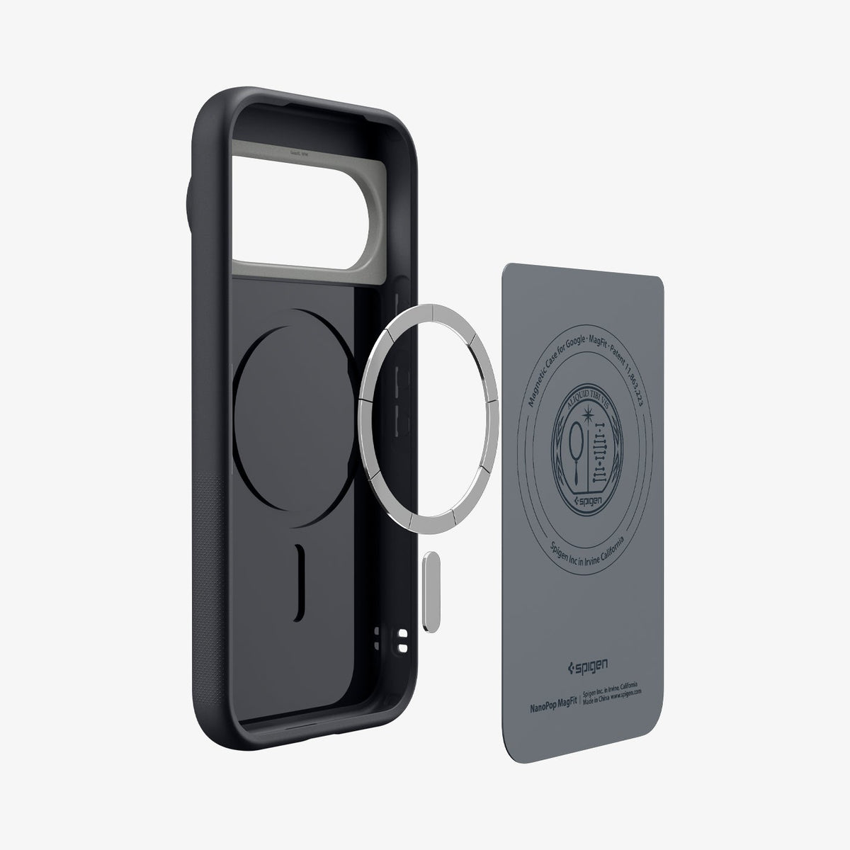 ACS11455 - Pixel 11 Pro XL Nano Pop (Mag Fit) Black Sesame exploded view showing the built in magnetic ring, microfiber lining, and layered case construction.