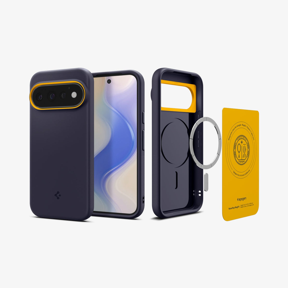ACS11434 - Pixel 11 Pro Nano Pop (Mag Fit) Blueberry Navy front, back, and exploded views showing the magnetic construction and internal components of the case.