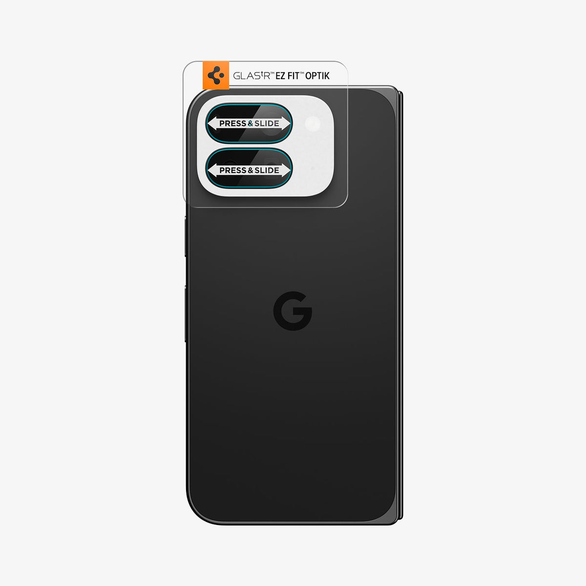 AGL09664 - Pixel 10 Pro Fold Optik EZ Fit Lens Protector showing the installation tray attached to the device