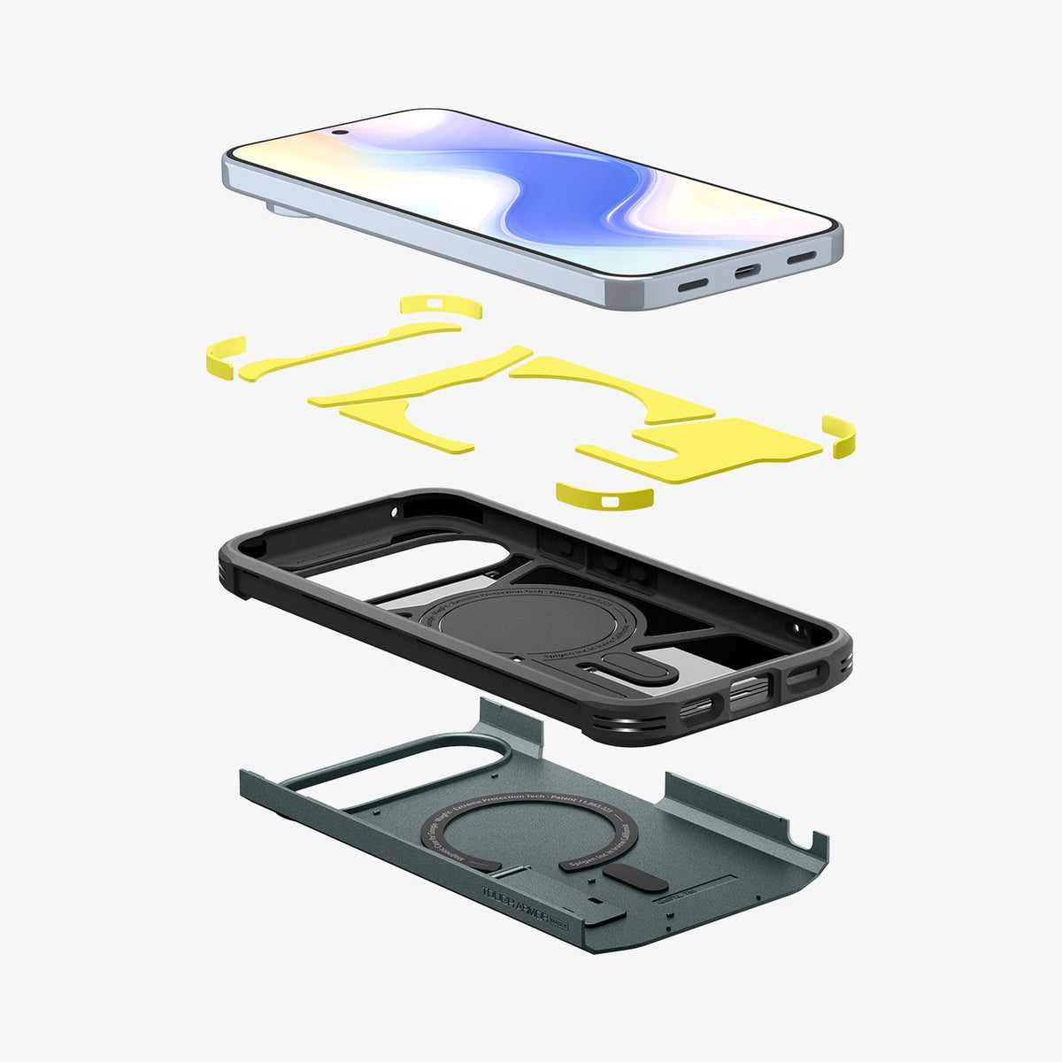 ACS09730 - Pixel 10 Pro XL Tough Armor AI (MagFit) in Abyss Green showing the multiple layers of case hovering below device