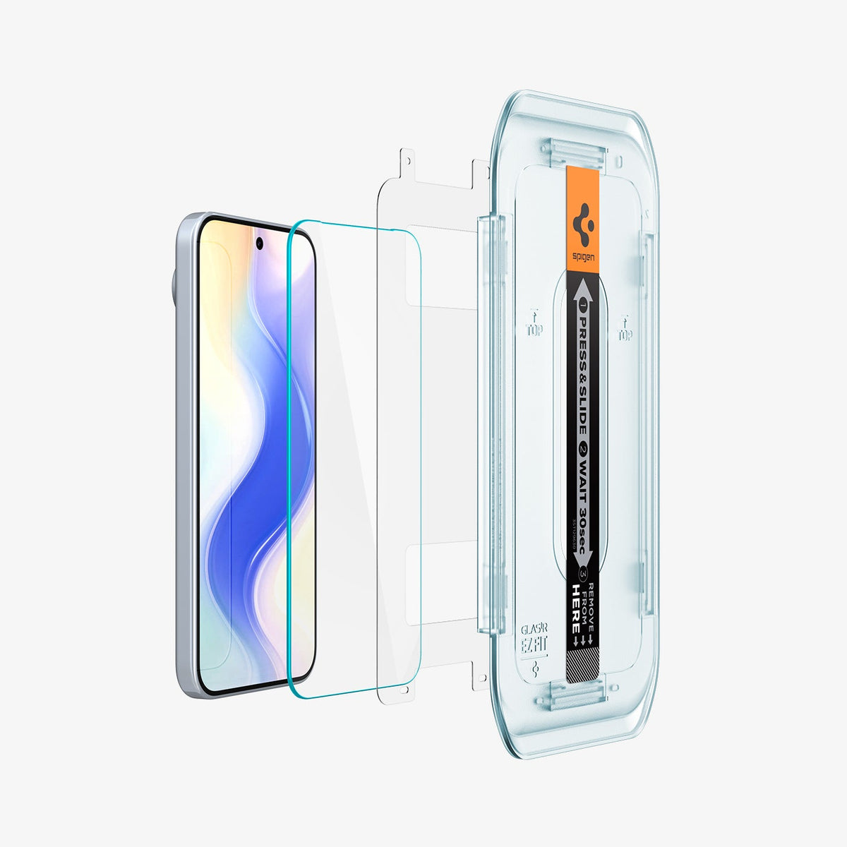 AGL08445 - Pixel 10 Pro XL GLAS.tR EZ Fit Screen Protector showing the device with screen protector and ez fit tray hovering in front