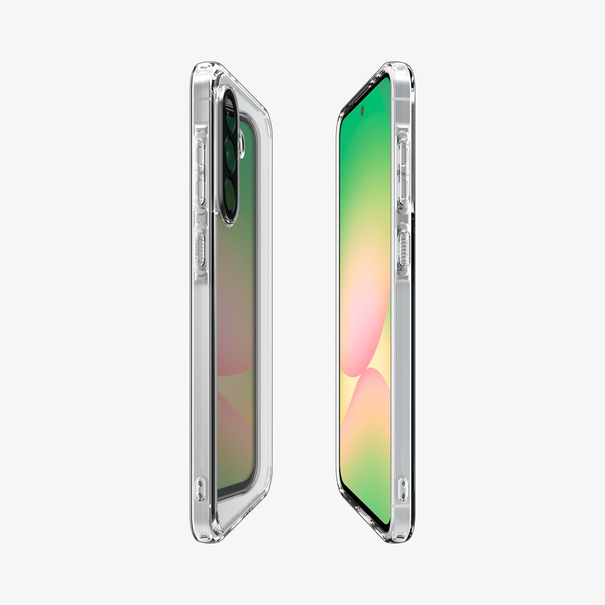 ACS09292 - Galaxy A56 5G Case Ultra Hybrid in Crystal Clear showing the sides front and back of 2 devices aligned with each other