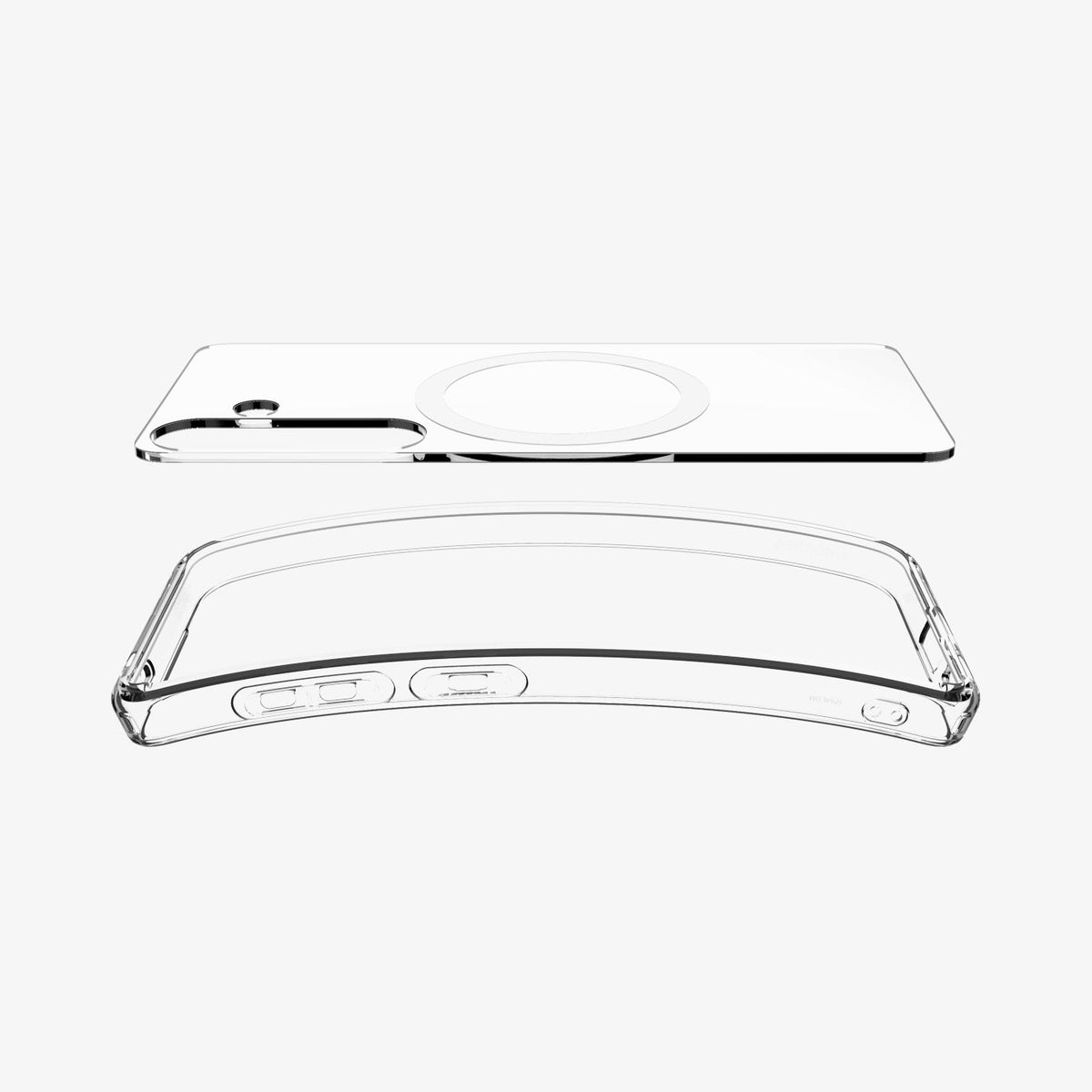 ACS08981 - Galaxy S25 Plus Case Ultra Hybrid Metal Ring (MagFit) in Clear White showing the detached inner layer hovering above the device detached