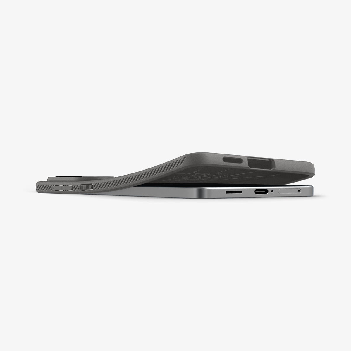 ACS09421 - Galaxy S25 Edge Case Liquid Air in Marble Gray showing the side and bottom partially lifted from the device