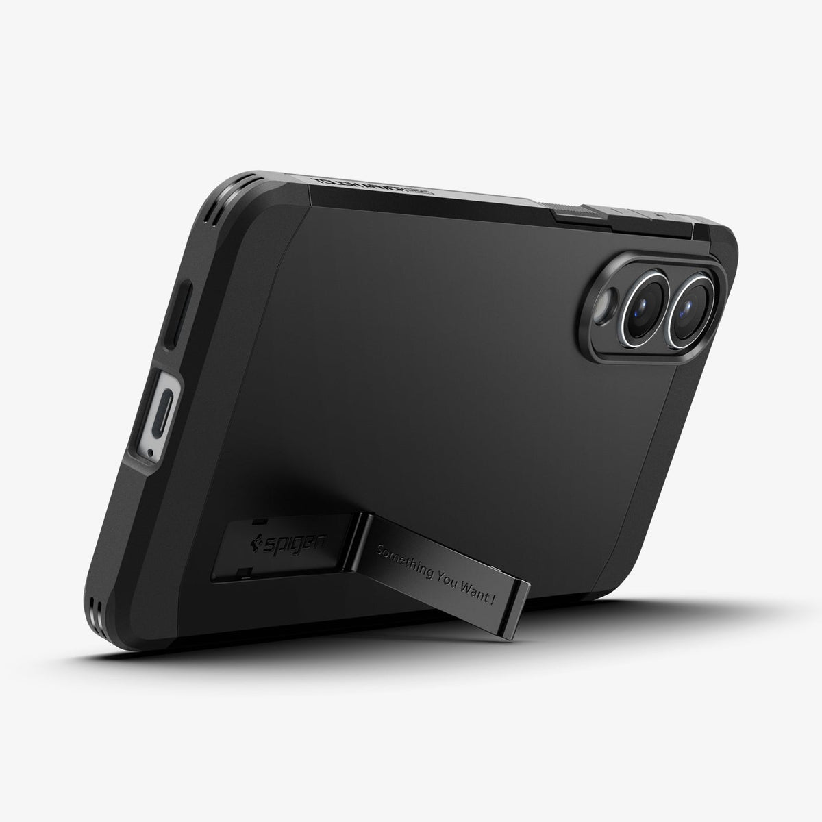 ACS09422 - Galaxy S25 Edge Case Tough Armor AI (MagFit) in Black showing the back, partial bottom, propped up with the built-in kickstand in landscape mode