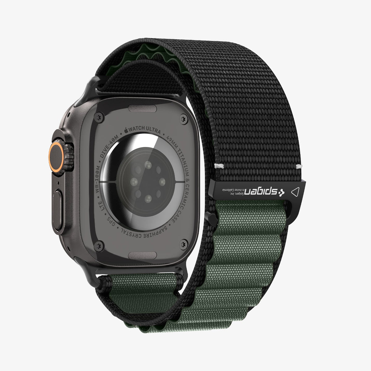 AMP10223 - Apple Watch Ultra (49mm) WBF1 in Black Green showing the back and partial side of the watch head and back of the strap locked