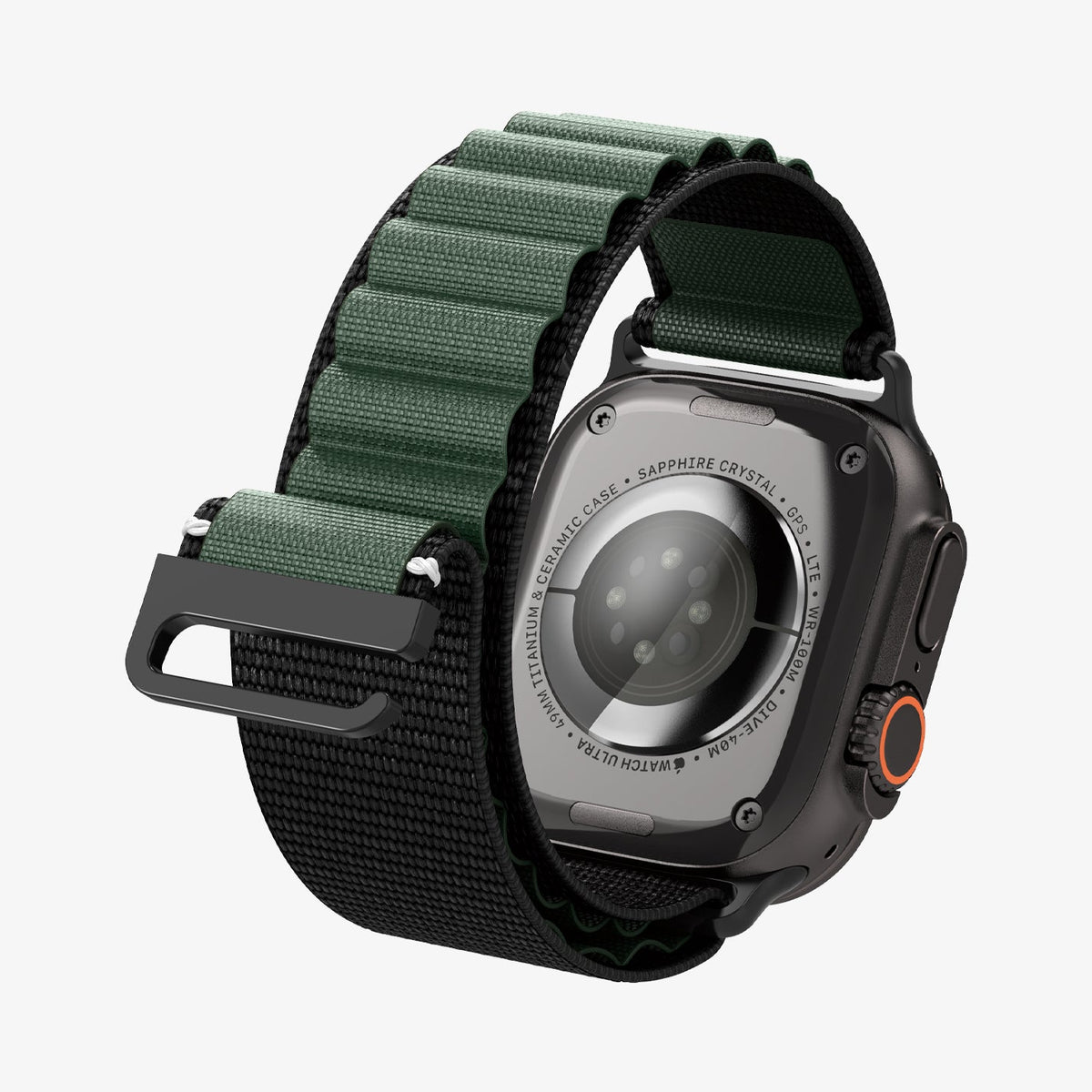 AMP10223 - Apple Watch Ultra (49mm) WBF1 in Black Green showing the back of the watch head, back of the strap unlocked