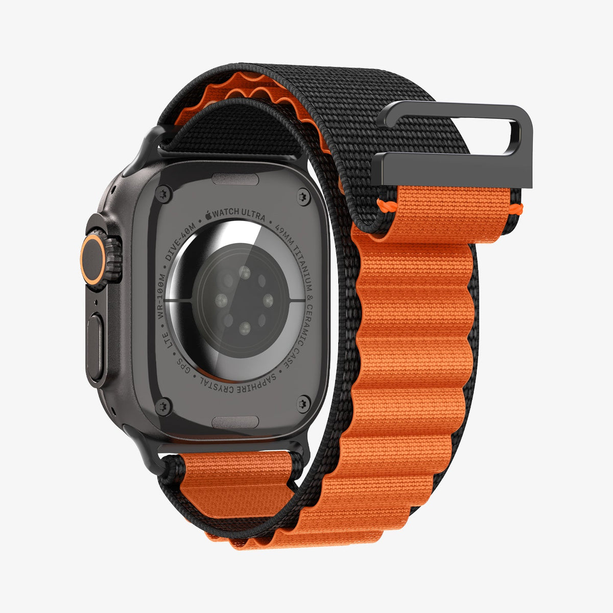 AMP10145 - Apple Watch Ultra (49mm) WBF1 in Black Orange showing the back of the watch head and back of of the strap