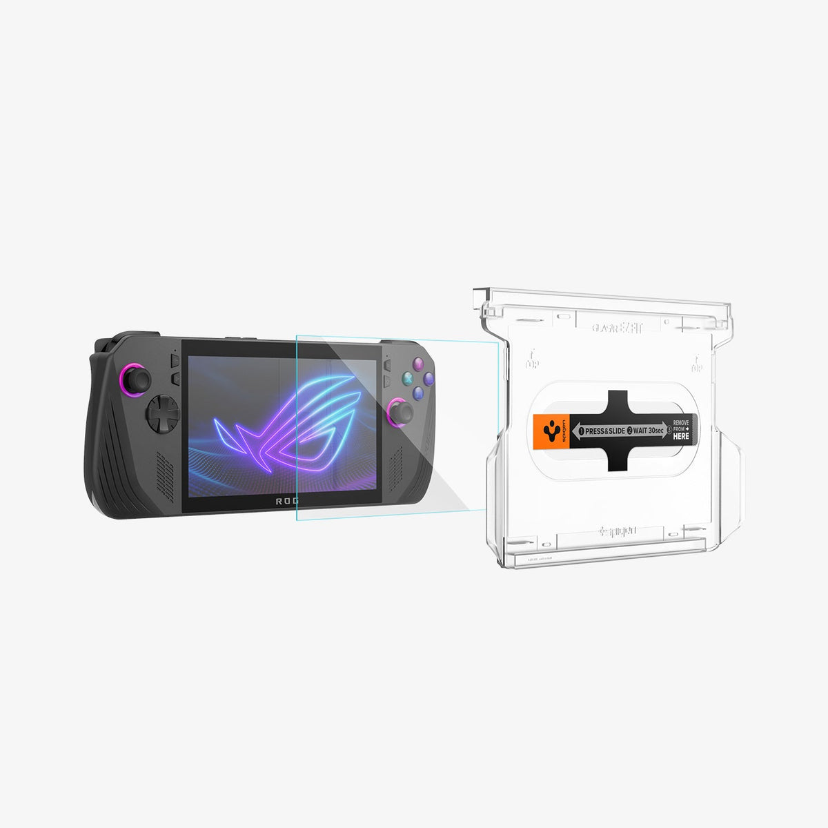 AGL09347 - ROG Ally X (2024) - GLAS.tR EZ Fit showing the screen protector hovering in front of device