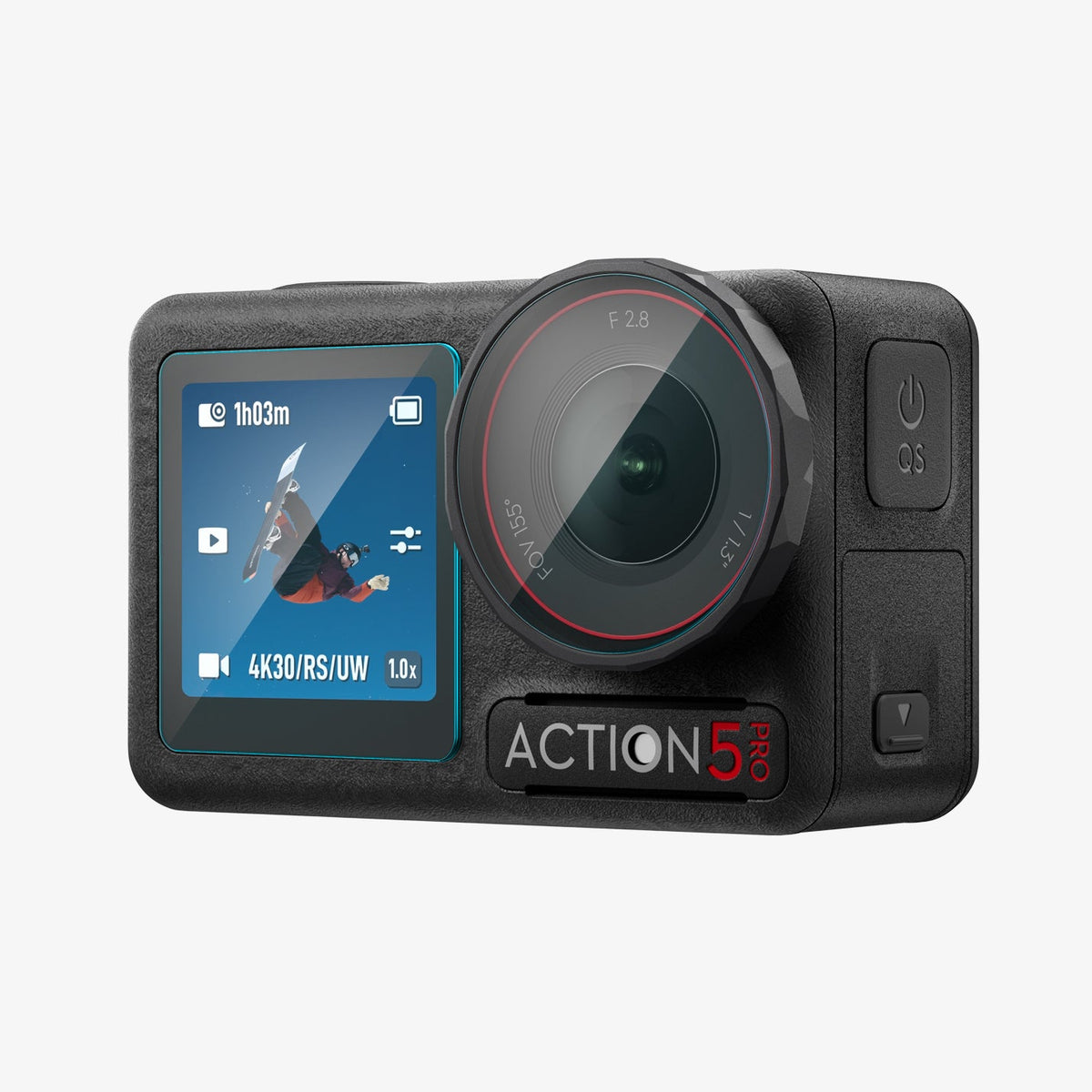 AGL09234 - DJI Osmo Action 5 Glas.tR SLIM in Clear showing the front, while screen protectors installed on lens and front screen of the camera
