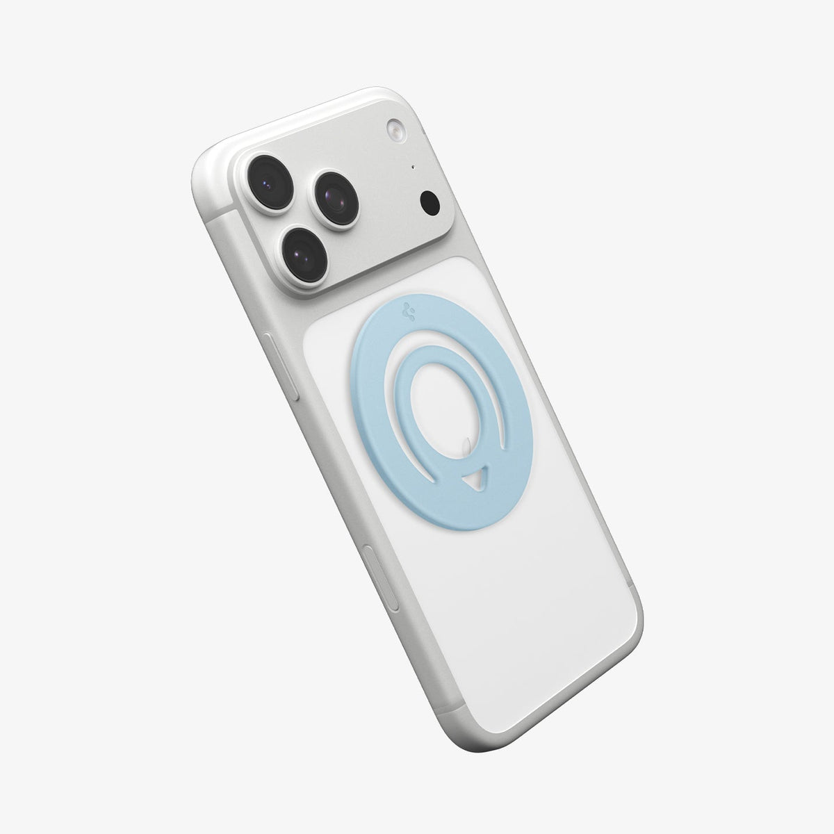 AMP11368 - O-Mag Slim Dual pop (MagFit) in Light Blue showing the back, partial side of the device with the case, magring attached