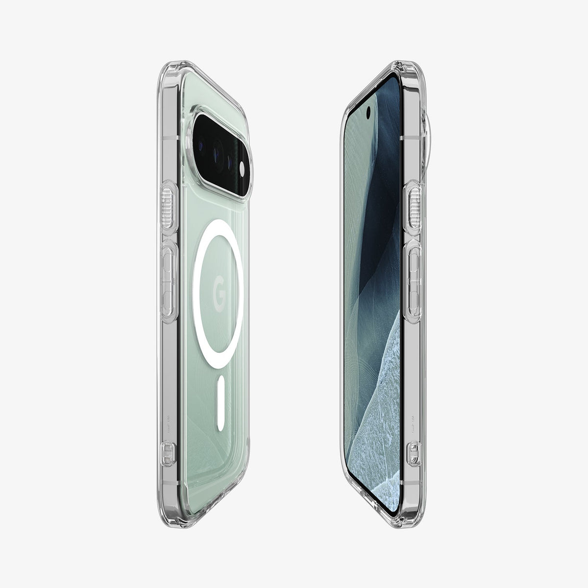 ACS11431 - Pixel 11 Pro Ultra Hybrid (Mag Fit) Clear White front and back angled views display the slim profile, built in MagFit ring, responsive buttons, and precise fit.