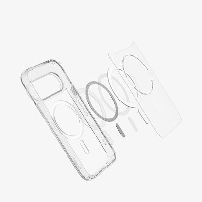 ACS11431 - Pixel 11 Pro Ultra Hybrid (Mag Fit) Clear White exploded view showing the built in MagFit ring, hybrid construction, and layered design.