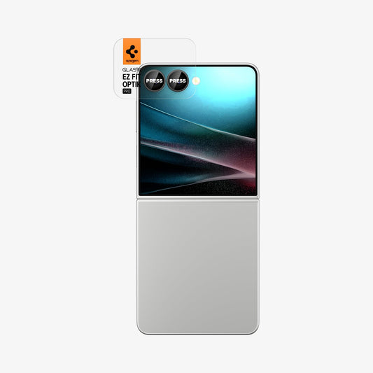 AGL09584 - Galaxy Z Flip 7 Optik Pro EZ Fit Lens Protector in black showing the back with ez fit tray installed