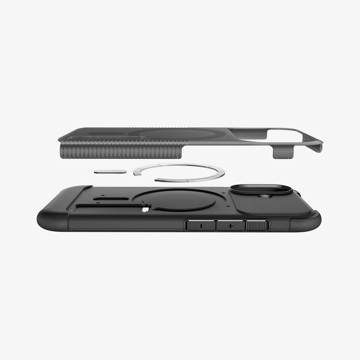 ACS09689 - iPhone 17 Slim Armor (MagFit) in Frost Black showing the back cover hovering above detached metal ring plate and the back of the case