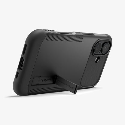 ACS09653 - iPhone 17 Slim Armor (MagFit) in Black showing the back, partial side and bottom, propped up with a built-in kickstand