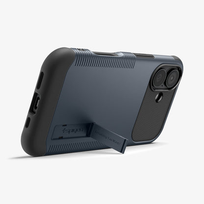 ACS09652 - iPhone 17 Slim Armor (MagFit) in Metal Slate showing the back, partial side and bottom, propped up with a built-in kickstand