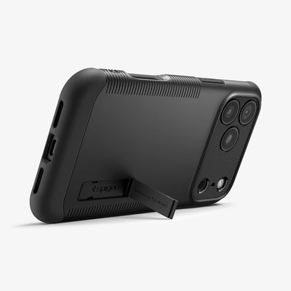 ACS09603 - iPhone 17 Pro Max Slim Armor (MagFit) in Black showing the back, partial side and bottom, propped up with a built-in kickstand