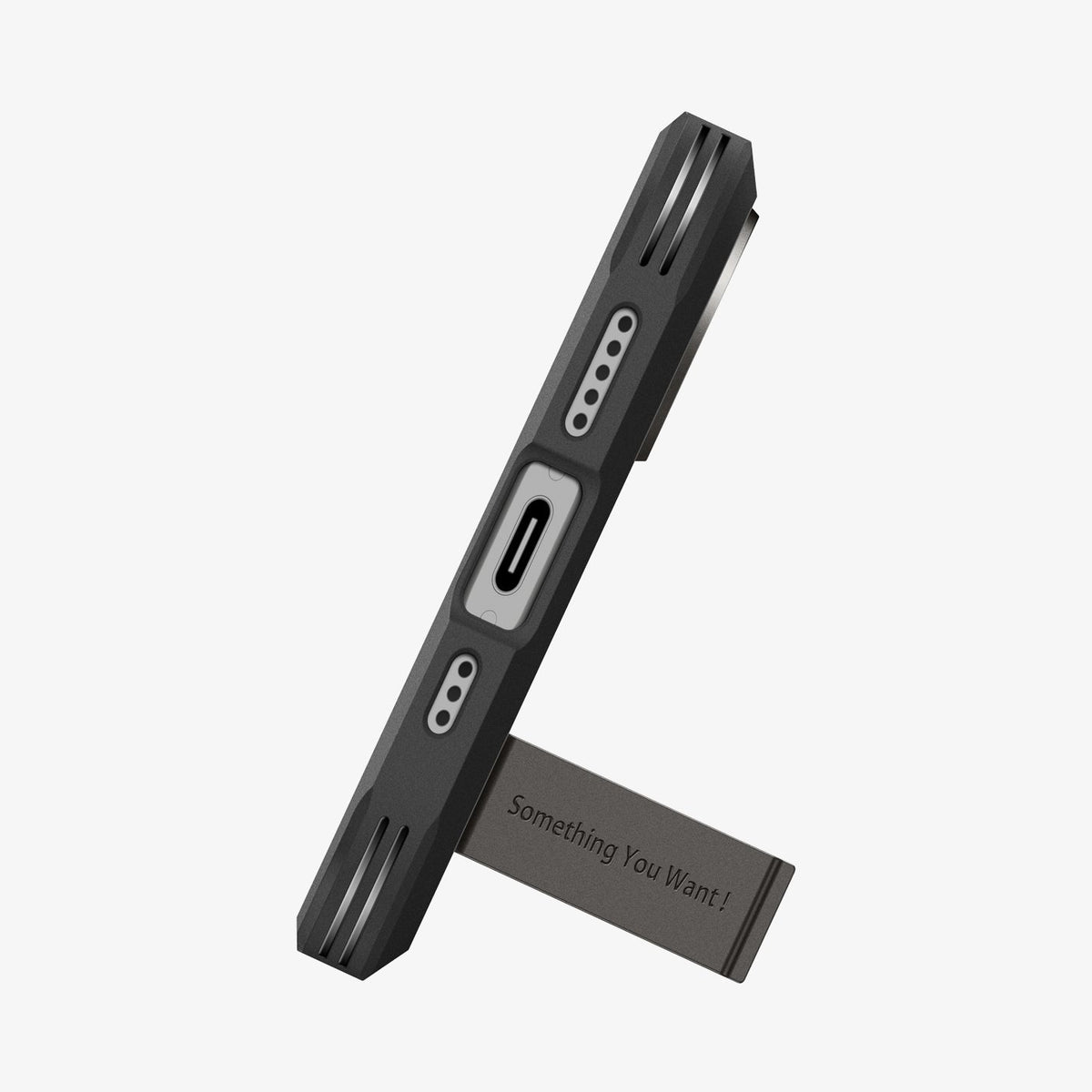 ACS09985 - iPhone 17 Case Tough Armor T AI (MagFit) in gunmetal showing the bottom with device propped up by kickstand