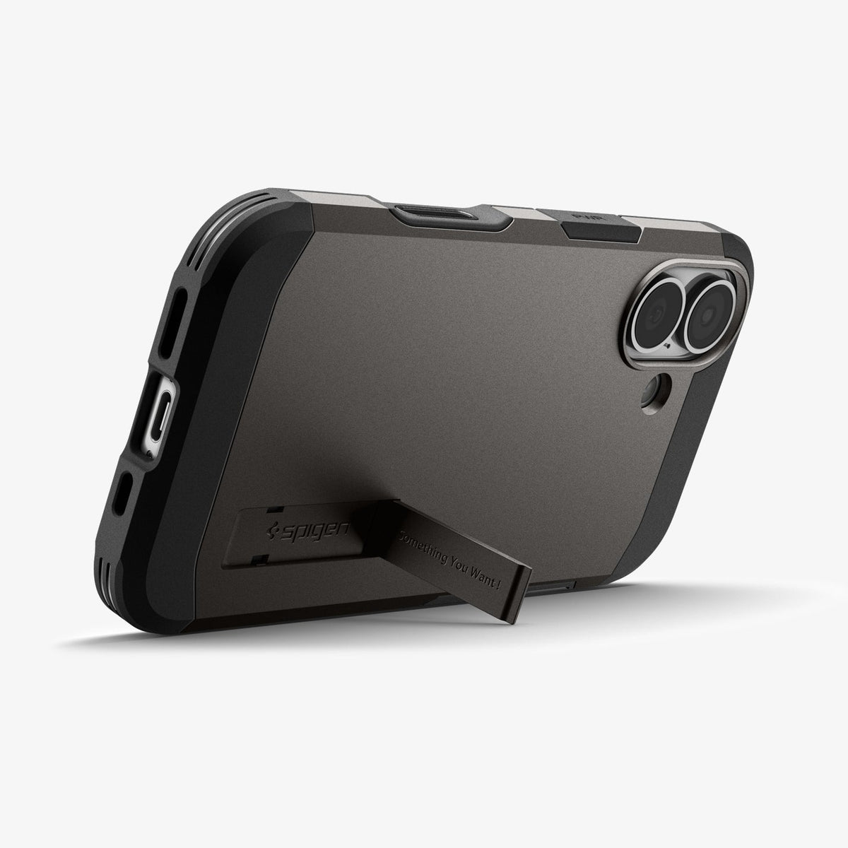 ACS09985 - iPhone 17 Case Tough Armor T AI (MagFit) in gunmetal showing the back with device propped up by built in kickstand