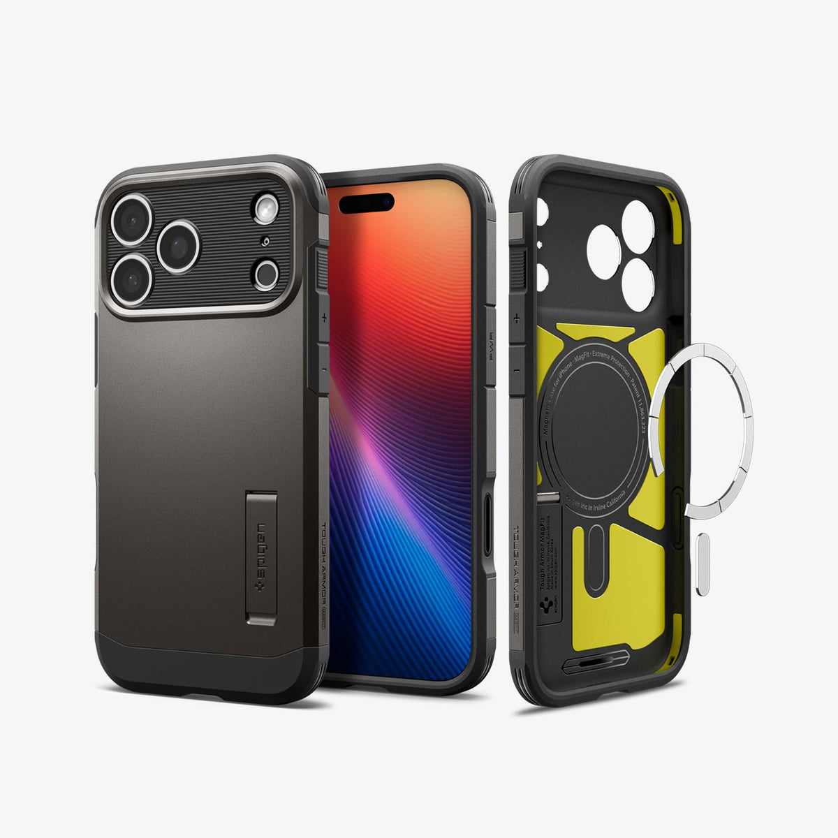 ACS09898 - iPhone 18 Pro Max / iPhone 17 Pro Max Tough Armor T Mag Fit Gunmetal showing the rugged case design with reinforced edges, integrated kickstand, and magnetic compatibility
