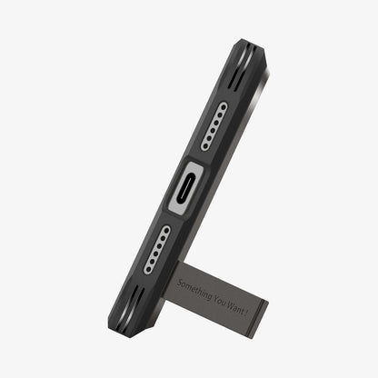 ACS09898 - iPhone 18 Pro Max / iPhone 17 Pro Max Tough Armor T Mag Fit Gunmetal showing the integrated kickstand extended for hands-free viewing